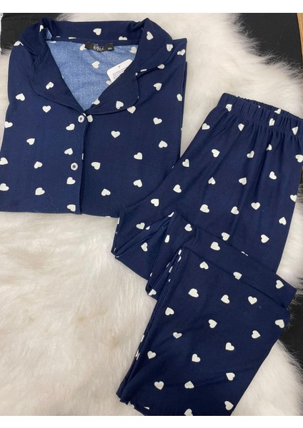 Bayan Düğmeli Kısa Kol Bamboo Pijama Takım 4052 Lacivert