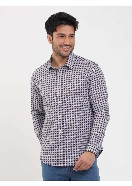Kahverengi Erkek Slim Fit Puantiyeli Brent Düğmeli Yaka Uzun Kol Gömlek