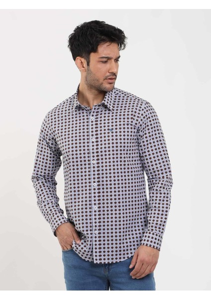 Kahverengi Erkek Slim Fit Puantiyeli Brent Düğmeli Yaka Uzun Kol Gömlek modelleri