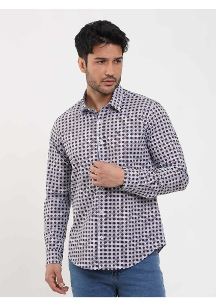 Kahverengi Erkek Slim Fit Puantiyeli Brent Düğmeli Yaka Uzun Kol Gömlek fırsatları