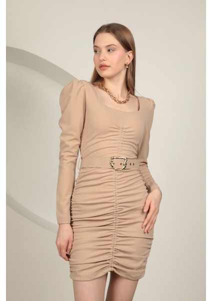 Örme Kumaş Krep Büzgülü Kemerli Kadın Elbise KKTS3002