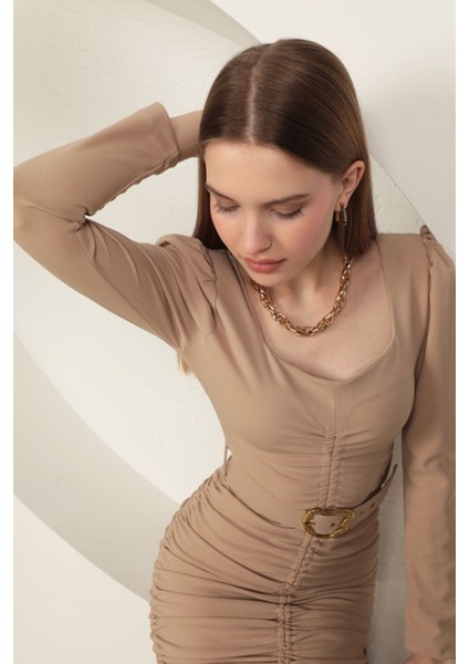 Örme Kumaş Krep Büzgülü Kemerli Kadın Elbise KKTS3002 modelleri