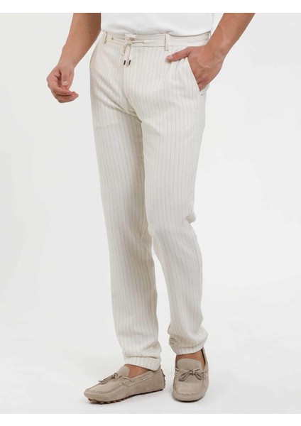 Ekru Erkek Slim Fit Çizgili Gofre Desenli Pantolon - 104448 fiyatları