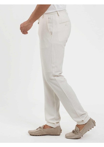 Ekru Erkek Slim Fit Çizgili Gofre Desenli Pantolon - 104448 modelleri