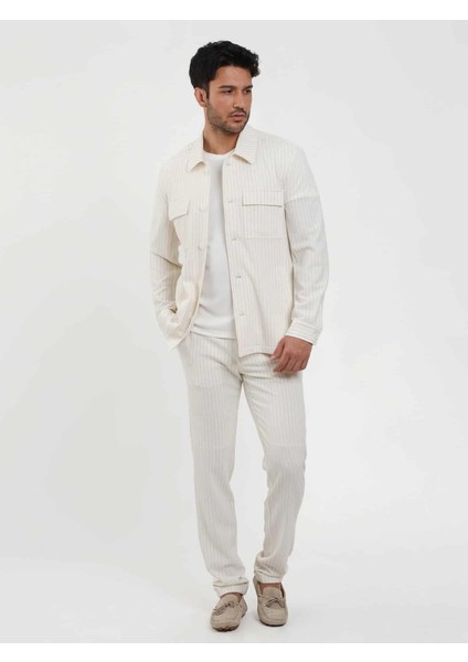 Ekru Erkek Slim Fit Çizgili Gofre Desenli Pantolon - 104448 indirimleri