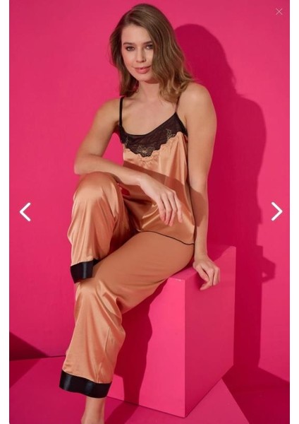 Bayan Ip Askılı Saten Pijama Takım 9503 Camel