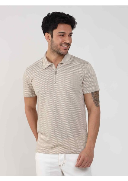 Bej Erkek Slim Fit Baklava Desenli Polo Yaka Tshirt - 105319