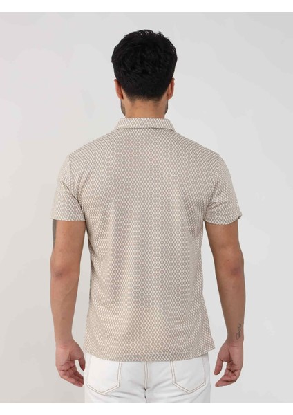 Bej Erkek Slim Fit Baklava Desenli Polo Yaka Tshirt - 105319