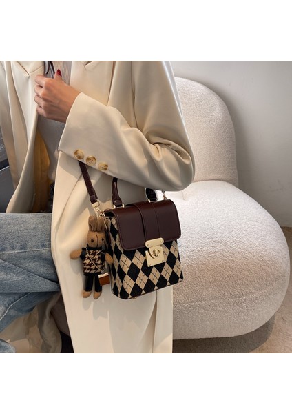 Yeni Kadın Çantası Crossbody Çanta El Küçük Kare Çanta Kahverengi + Kolye (Yurt Dışından)