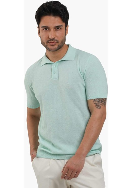 Su Yeşili Erkek Slim Fit Balıksırtı Desenli Polo Yaka Kazak - 104556