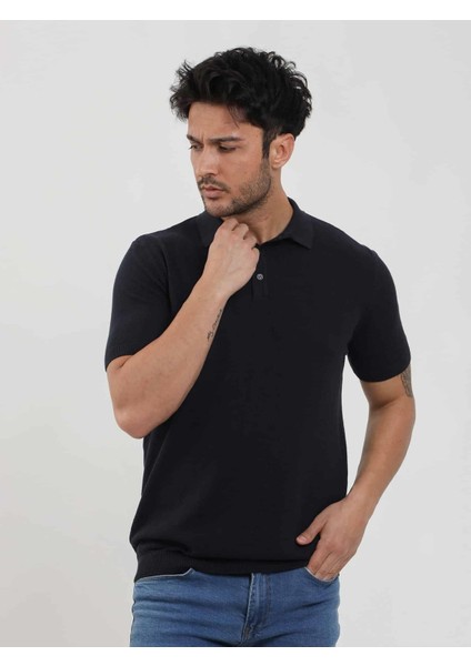 Lacivert Erkek Slim Fit Balıksırtı Desenli Polo Yaka Kazak - 104561