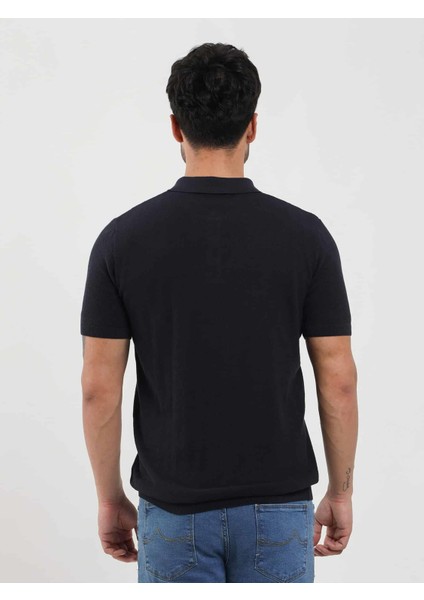 Lacivert Erkek Slim Fit Balıksırtı Desenli Polo Yaka Kazak - 104561