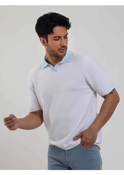 Beyaz Erkek Slim Fit Düz Polo Yaka Triko - 104576