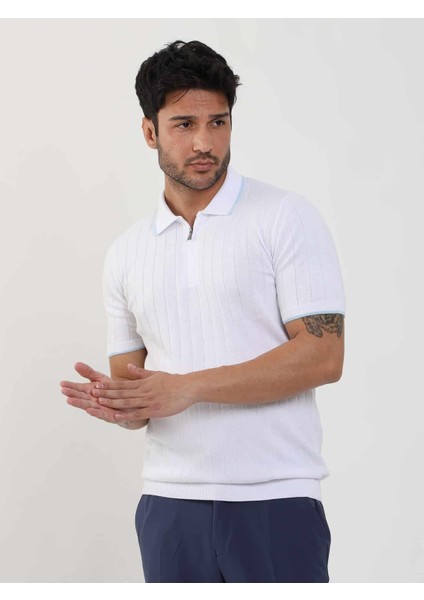 Beyaz Erkek Slim Fit Fitilli Fermuarlı Polo Yaka Triko