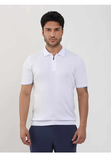 Beyaz Erkek Slim Fit Fitilli Fermuarlı Polo Yaka Triko fiyatları