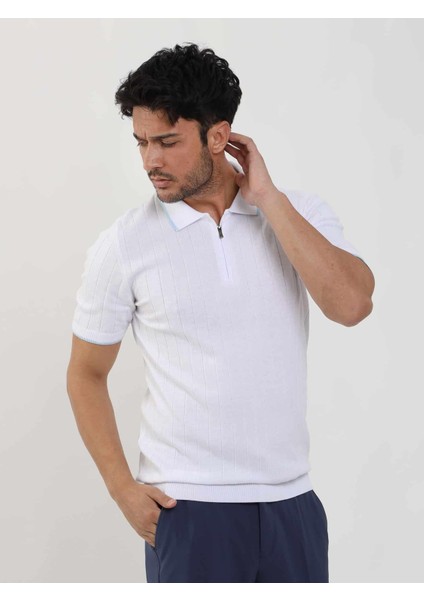 Beyaz Erkek Slim Fit Fitilli Fermuarlı Polo Yaka Triko modelleri