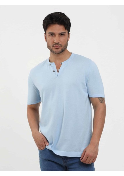 Buz Mavisi Erkek Slim Fit Düz Düğmeli O Yaka Kazak - 104636