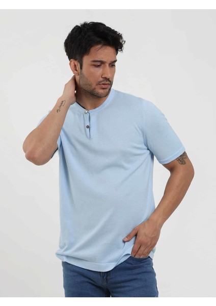 Buz Mavisi Erkek Slim Fit Düz Düğmeli O Yaka Kazak - 104636 modelleri