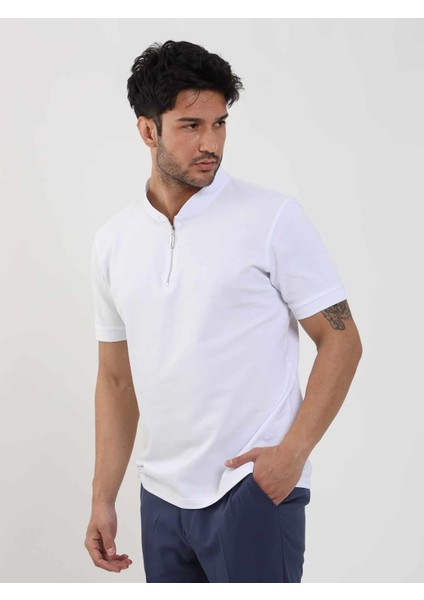 Beyaz Erkek Slim Fit Düz Bomber Yaka T-shirt