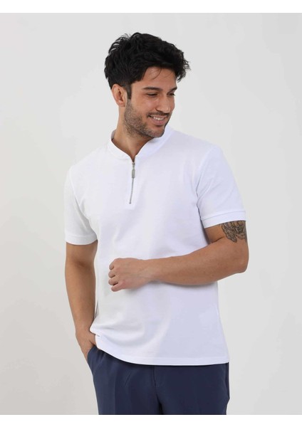 Beyaz Erkek Slim Fit Düz Bomber Yaka T-shirt modelleri