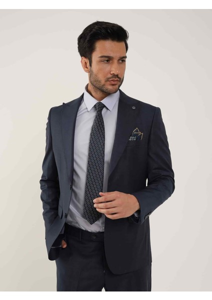 Lacivert Erkek Slim Fit Desenli Sivri Yaka Takım Elbise - 104417