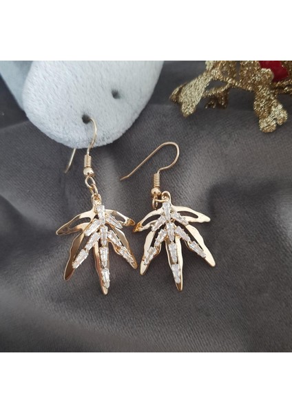 Kadın Küpe Taşlı Vip Serisi Yaprak Gold Renk