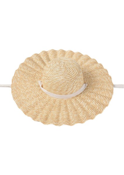Kadın Büyük Geniş Kenarlı Dalgalı Ruffles El Yapımı Organik Hasır Şapka fırsatları