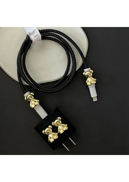 Apple iPhone 20W Uyumlu Şarj Başlık Kablo Koruyucu ve Spiral Kablo Koruyucu 3 Lü Siyah-Gold Ayıcıklı Set