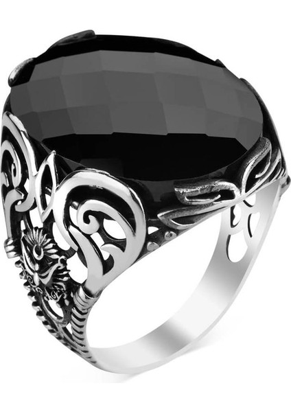 Osmanlı Armalı Siyah Zirkon Taşlı Erkek Yüzük