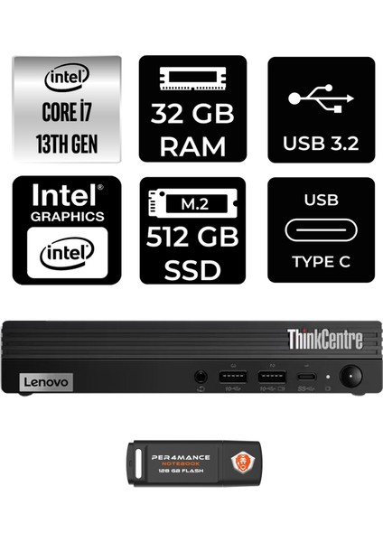 Thinkcentre M70Q Gen 4 Intel Core I7 13700T 32GB 512GB SSD Fdos 12E30015TR Mini Pc & Per4 USB Bellek 12E30015TRP327