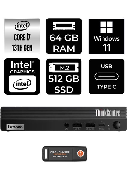 Thinkcentre M70Q Gen 4 Intel Core I7 13700T 64GB 512GB SSD W11H 12E30015TR Mini Pc & Per4 USB Bellek 12E30015TRP397