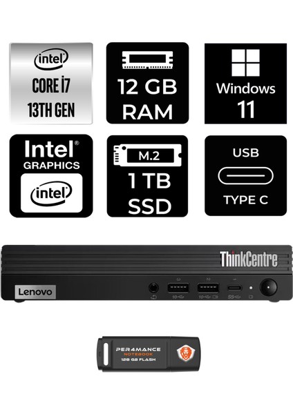 Thinkcentre M70Q Gen 4 Intel Core I7 13700T 12GB 1tb SSD W11H 12E30015TR Mini Pc & Per4 USB Bellek 12E30015TRP358