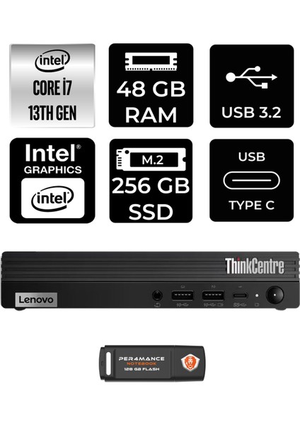 Thinkcentre M70Q Gen 4 Intel Core I7 13700T 48GB 256GB SSD Fdos 12E30015TR Mini Pc & Per4 USB Bellek 12E30015TRP341