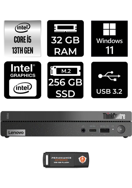 Thinkcentre 50Q Gen 4 Intel Core I5 13420H 32GB 256GB SSD W11H 12LN0048TR Mini Pc & Per4 USB Bellek 12LN0048TRP376