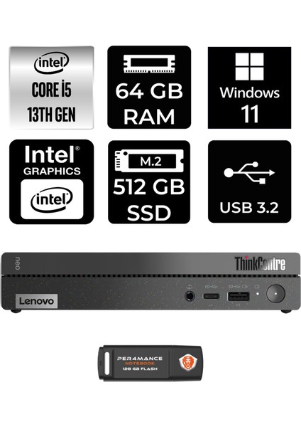 Thinkcentre 50Q Gen 4 Intel Core I5 13420H 64GB 512GB SSD W11P 12LN0048TR Mini Pc & Per4 USB Bellek 12LN0048TRP447
