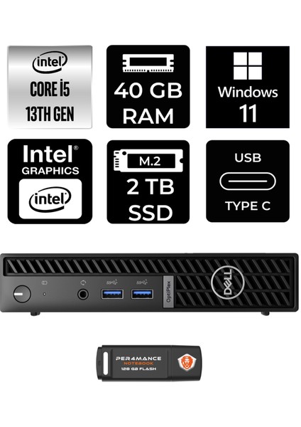 Optiplex 7010MFF Intel Core I5 13500T 40GB 2tb SSD W11H N002O7010MFF Mini Pc & Per4 USB Bellek N002O7010MFFP389