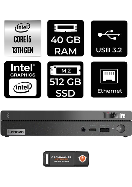 Thinkcentre 50Q Gen 4 Intel Core I5 13420H 40GB 512GB SSD Fdos 12LN0048TR Mini Pc & Per4 USB Bellek 12LN0048TRP337