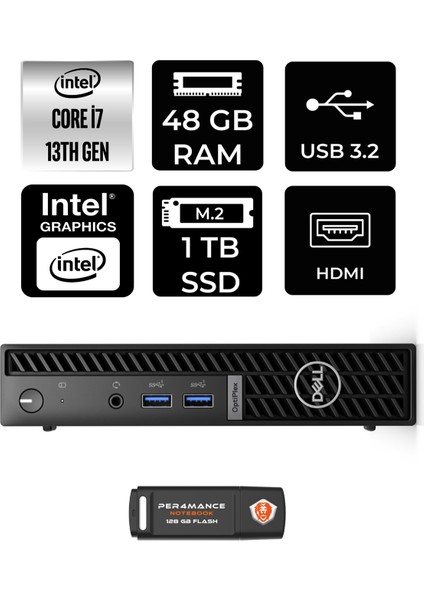 Optiplex 7010MFF Intel Core I7 13700T 48GB 1tb SSD Fdos N018O7010MFF Mini Pc & Per4 USB Bellek N018O7010MFFP343