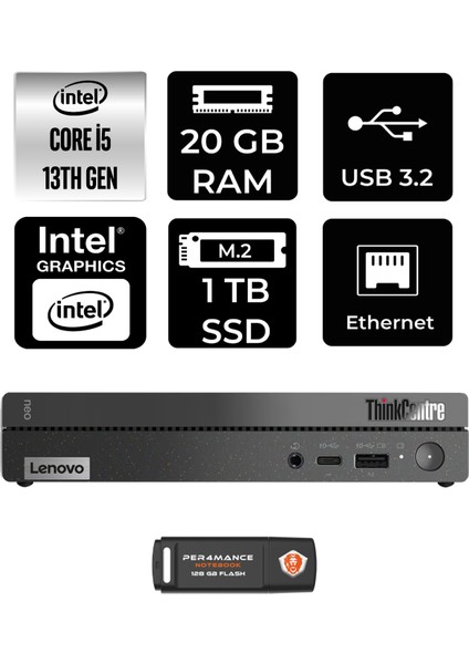 Thinkcentre 50Q Gen 4 Intel Core I5 13420H 20GB 1tb SSD Fdos 12LN0048TR Mini Pc & Per4 USB Bellek 12LN0048TRP318