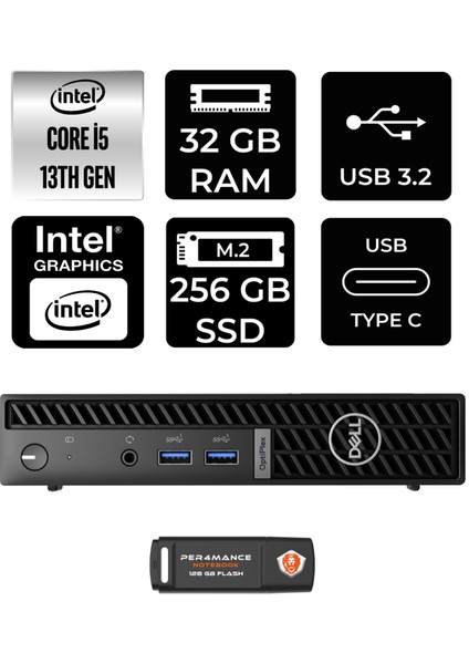 Optiplex 7010MFF Intel Core I5 13500T 32GB 256GB SSD Fdos N002O7010MFF Mini Pc & Per4 USB Bellek N002O7010MFFP326