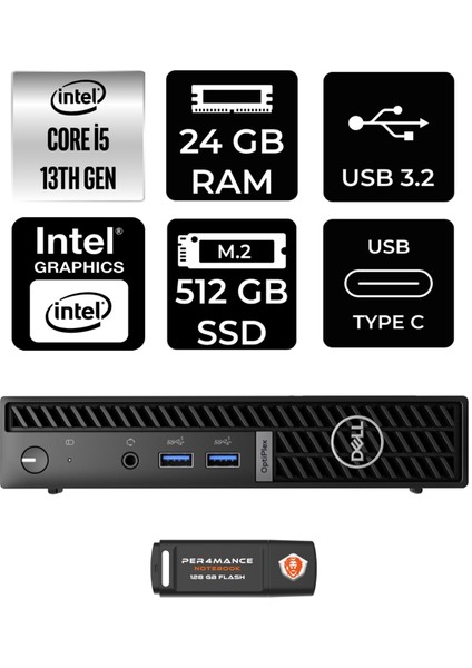 Optiplex 7010MFF Intel Core I5 13500T 24GB 512GB SSD Fdos N002O7010MFF Mini Pc & Per4 USB Bellek N002O7010MFFP322