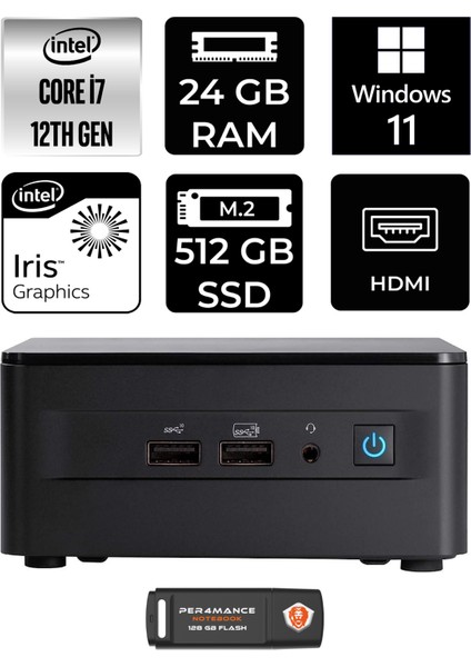 Nuc 12 Pro Intel Core I7 1260P 24GB 512GB SSD W11H Mini Pc & Per4 USB Bellek NUC12WSKI7P372