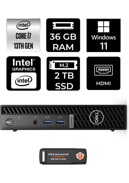 Optiplex 7010MFF Intel Core I7 13700T 36GB 2tb SSD W11H N018O7010MFF Mini Pc & Per4 USB Bellek N018O7010MFFP384