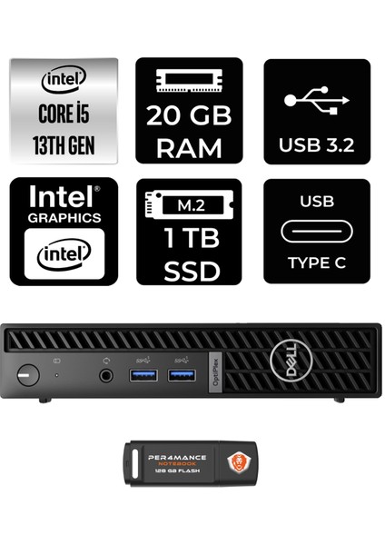 Optiplex 7010MFF Intel Core I5 13500T 20GB 1tb SSD Fdos N013O7010MFF Mini Pc & Per4 USB Bellek N013O7010MFFP318