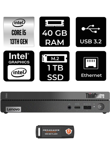 Thinkcentre 50Q Gen 4 Intel Core I5 13420H 40GB 1tb SSD Fdos 12LN0048TR Mini Pc & Per4 USB Bellek 12LN0048TRP338