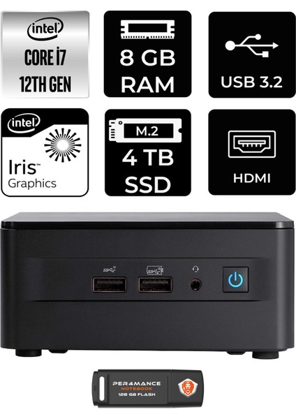 Nuc 12 Pro Intel Core I7 1260P 8gb 4tb SSD Fdos Mini Pc & Per4 USB Bellek NUC12WSKI7P305