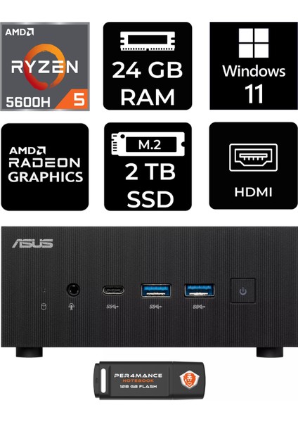Expertcenter PN52 Amd Ryzen 5 5600H 24GB 2tb SSD W11H Mini Pc & Per4 USB Bellek PN52P1374