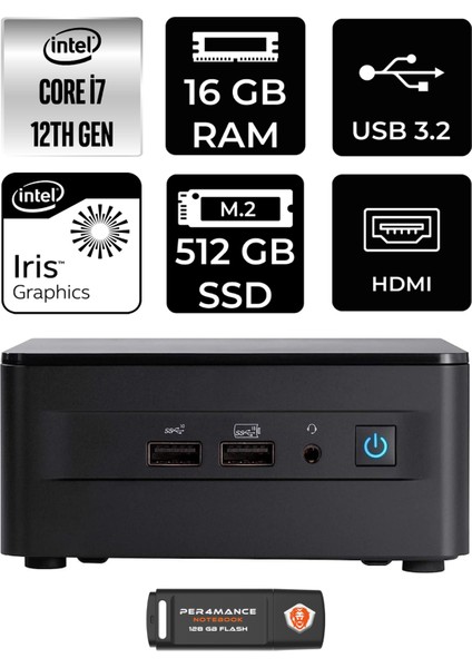 Nuc 12 Pro Intel Core I7 1260P 16GB 512GB SSD Fdos Mini Pc & Per4 USB Bellek NUC12WSKI7P312