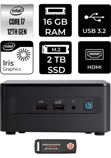 Nuc 12 Pro Intel Core I7 1260P 16GB 2tb SSD Fdos Mini Pc & Per4 USB Bellek NUC12WSKI7P314