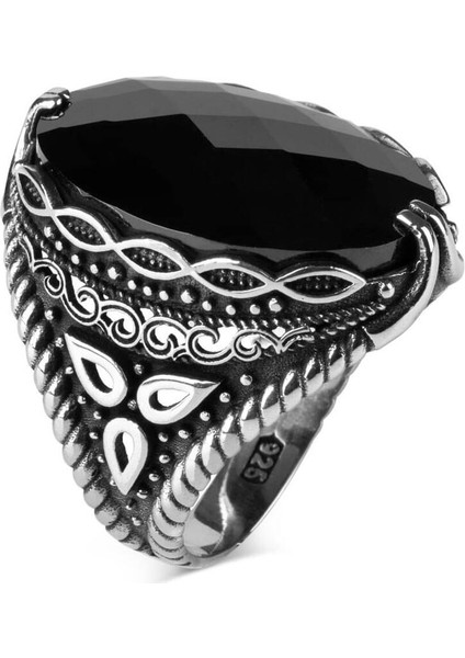 Trillium Motifli Fasetli Siyah Zirkon Taşlı Gümüş Erkek Yüzük